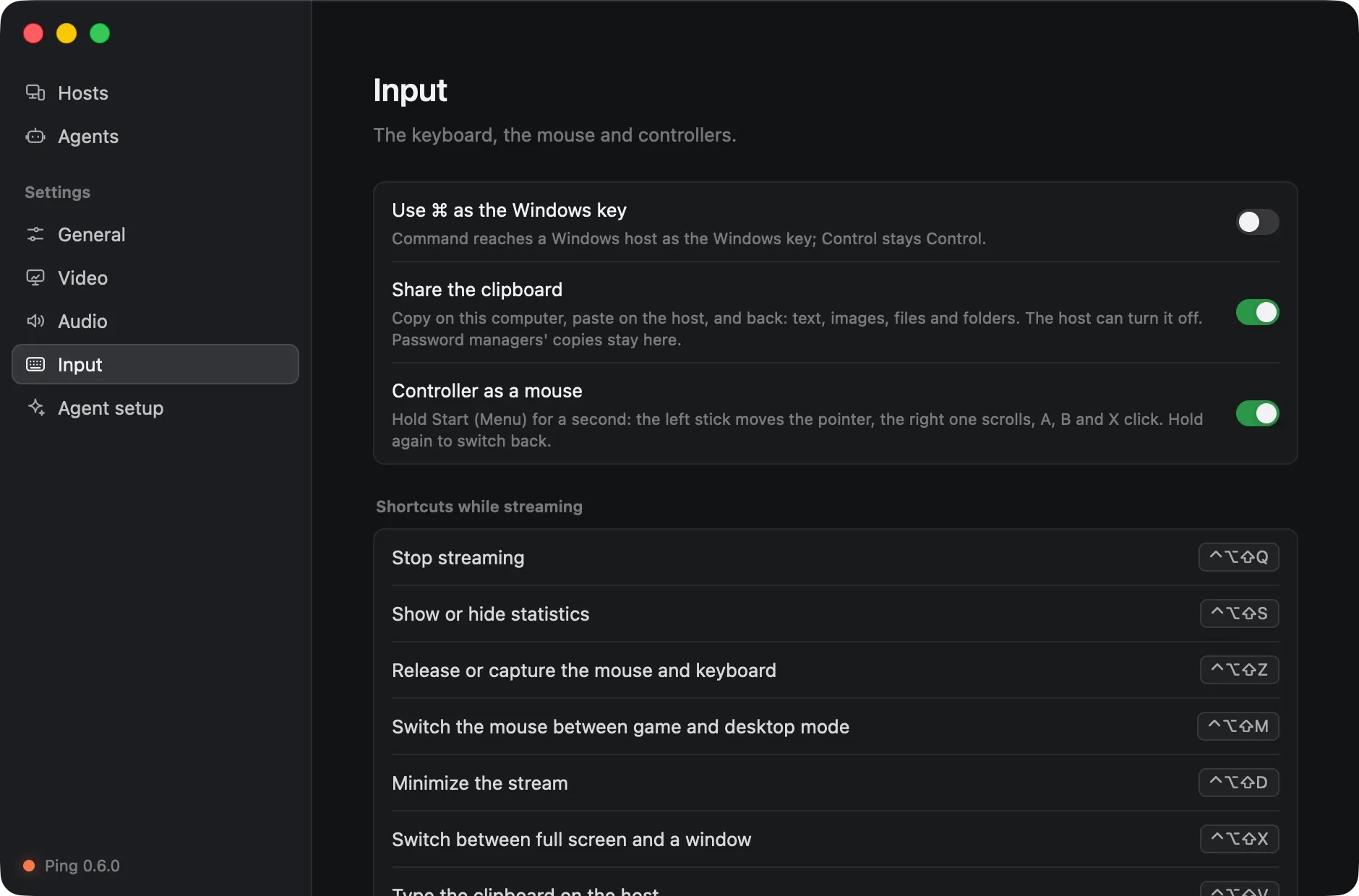 Ping’s Input settings: the Windows key, clipboard sharing, controller as a mouse, and the stream’s shortcuts.
