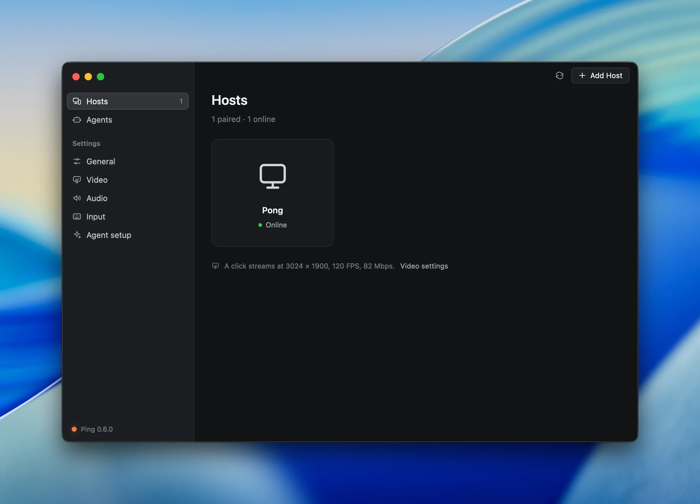 Ping, the client: its Hosts page, with one paired host, Pong, online.
