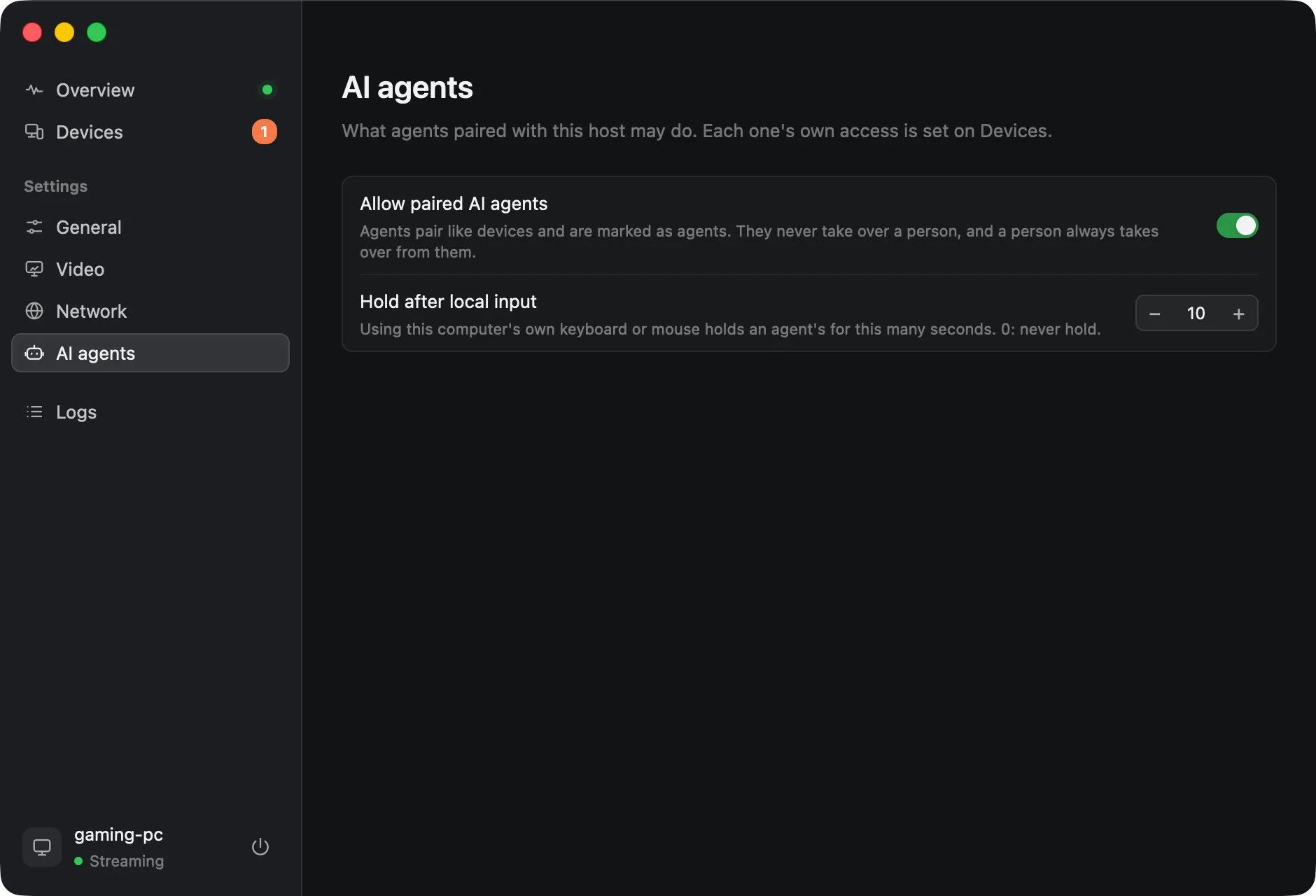 Pong’s AI agents settings: allowing paired agents, and how long local input holds an agent.