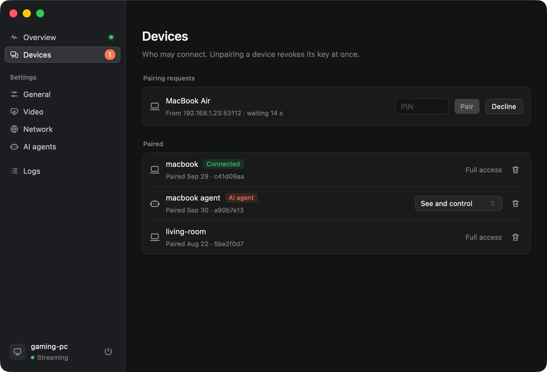 Pong’s Devices page: a MacBook Air asking to pair, and three paired devices including an AI agent.