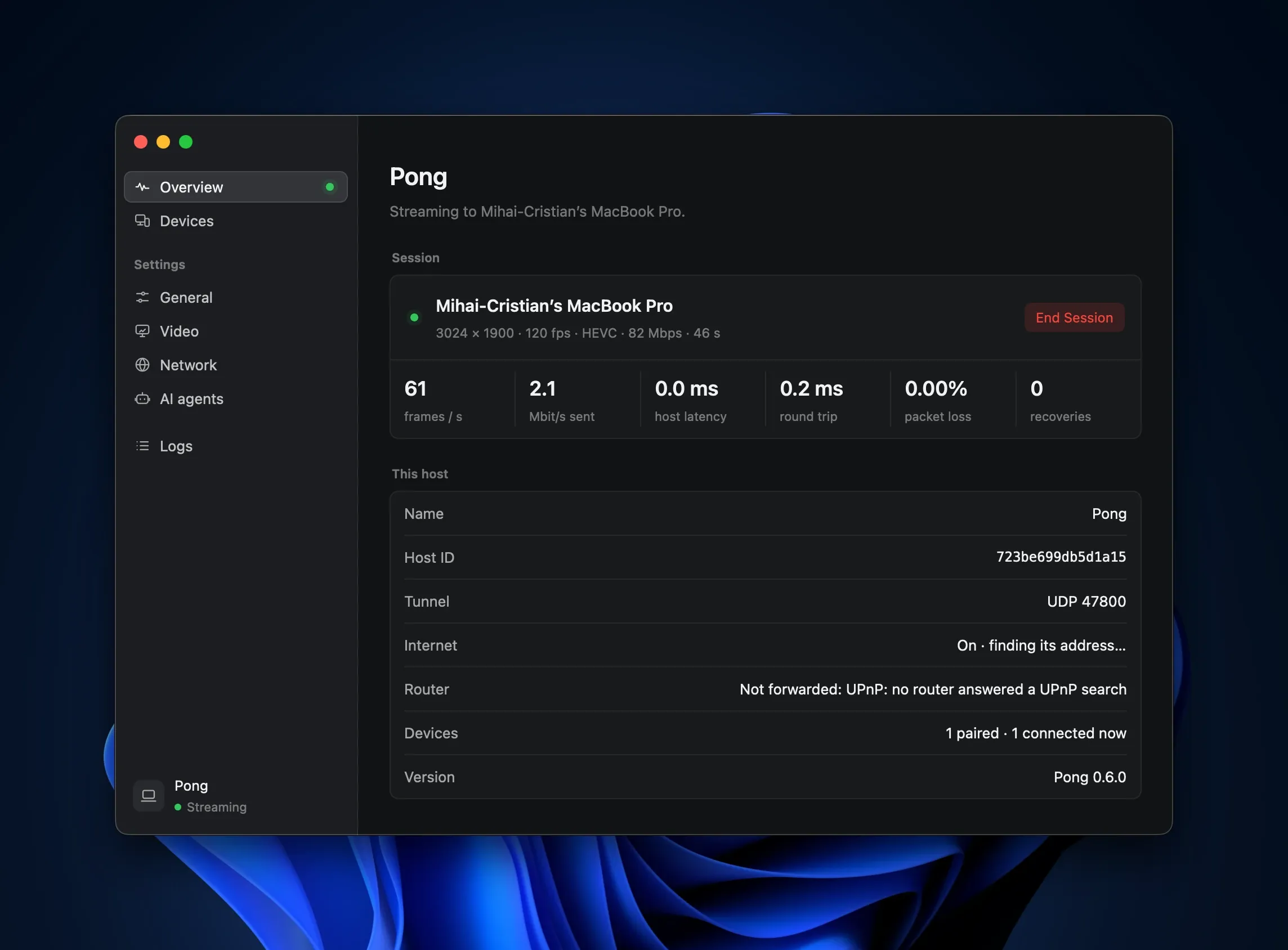 Pong, the host: its Overview page, streaming to a MacBook Pro at 3024 by 1900 and 120 fps, with the session's live figures.